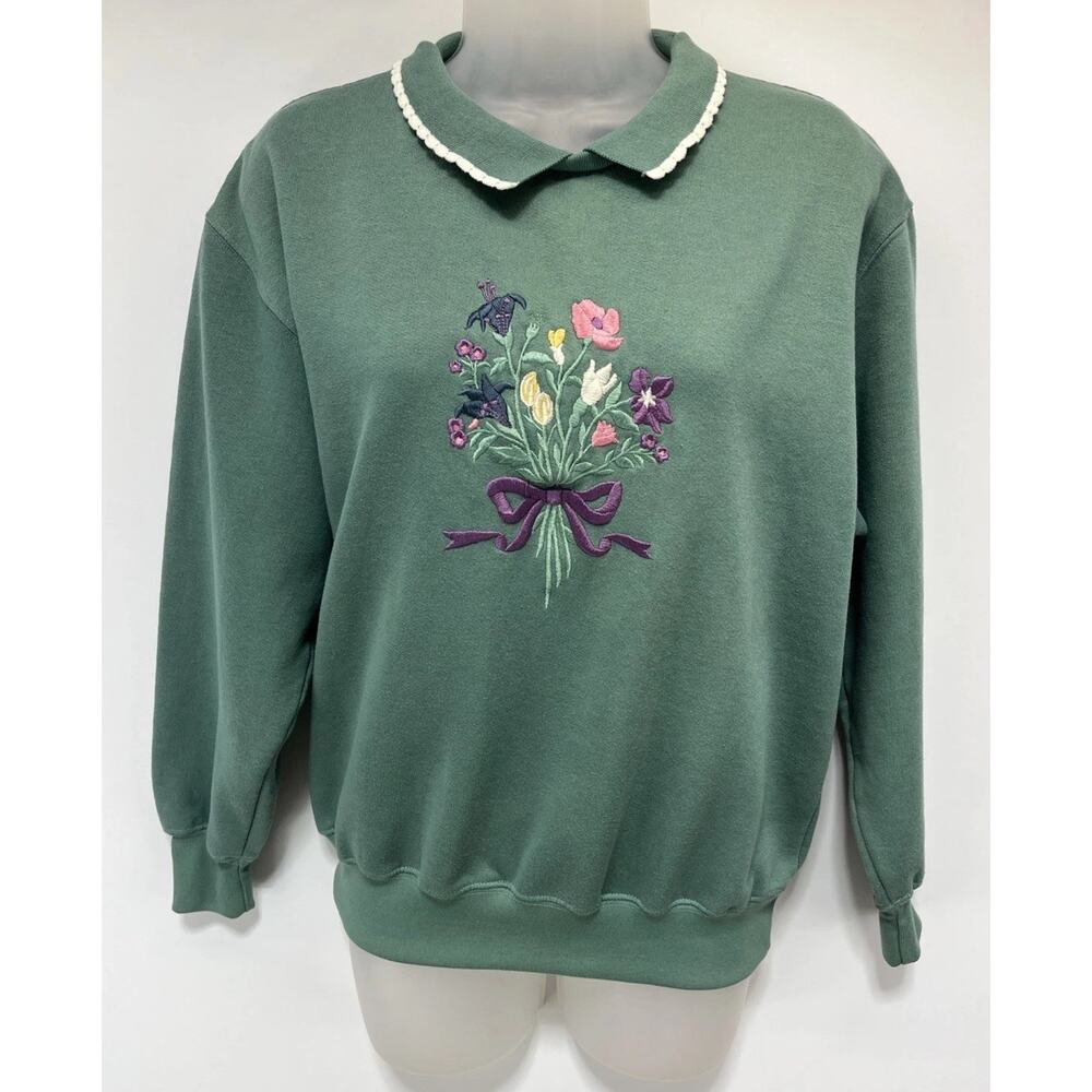 Vintage 80’s ACTIVE EXCHANGE Floral Embroidered Sweatshirt Green Sz S